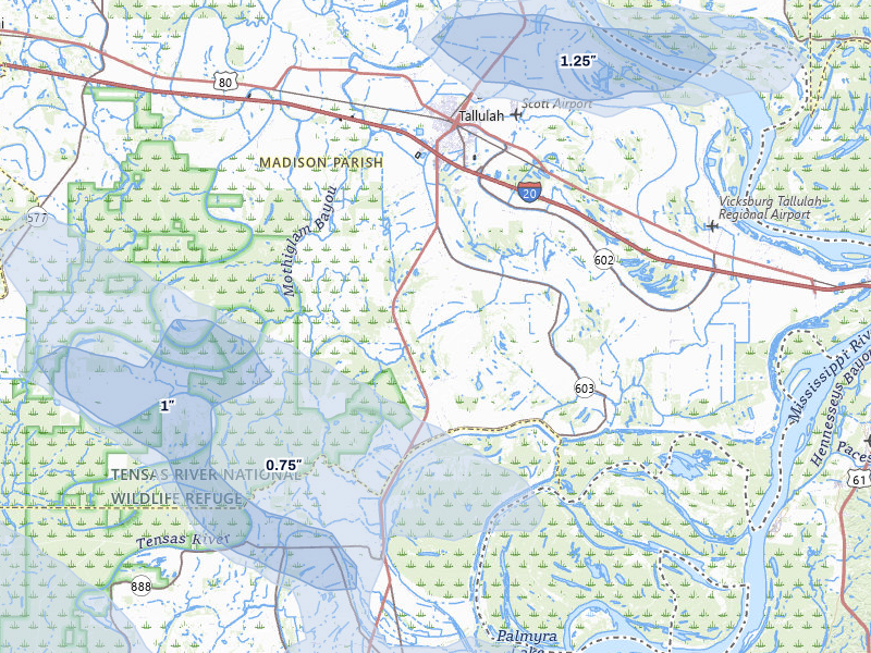 NEXRAD radar-signature map of the hail over Tallulah, LA