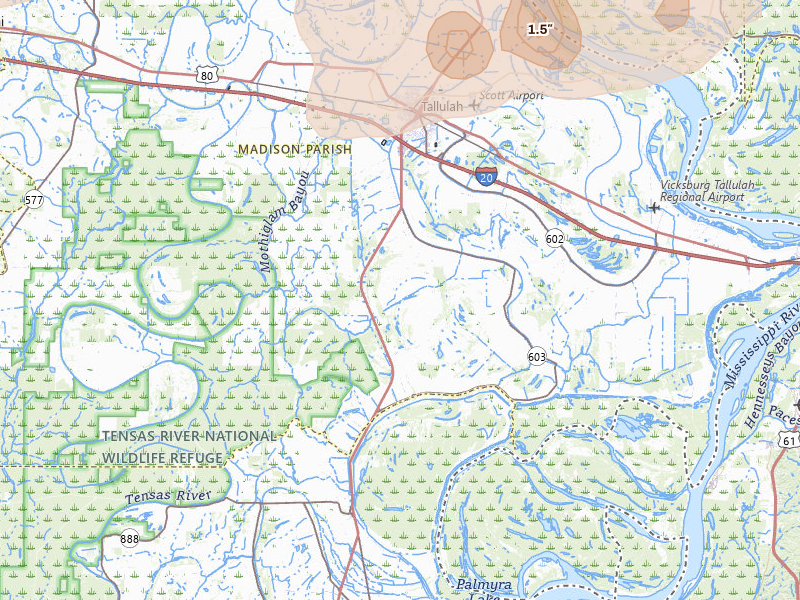 Radar-estimated hail-size map of the storm over Tallulah, LA on Apr 28, 2026