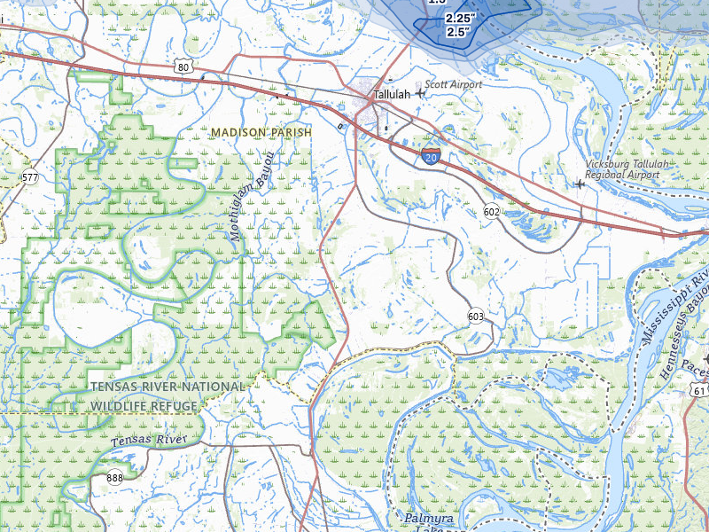 NEXRAD radar-signature map of the hail storm over Tallulah, LA on Apr 28, 2026