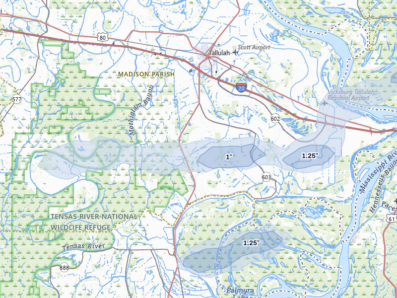 NEXRAD radar-signature map of the hail storm over Tallulah, LA on May 6, 2026