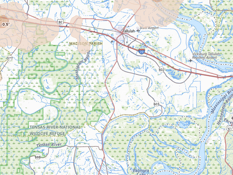 Radar-estimated hail-size map of the storm over Tallulah, LA on May 22, 2026