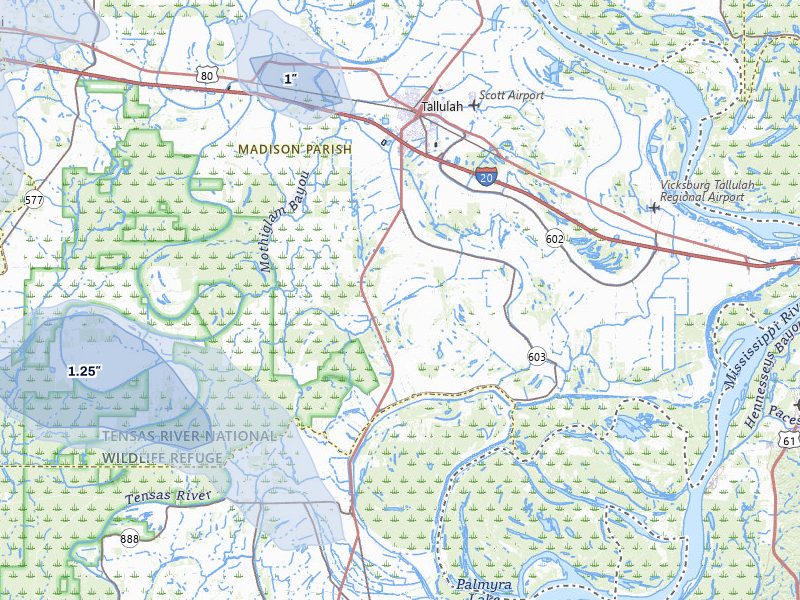 NEXRAD radar-signature map of the hail storm over Tallulah, LA on Jun 1, 2026