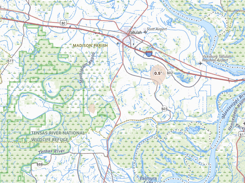 Radar-estimated hail-size map of the storm over Tallulah, LA on Jun 19, 2026