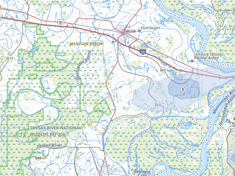 NEXRAD radar-signature map of the hail storm over Tallulah, LA on Jul 1, 2026