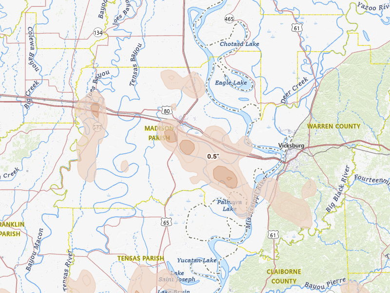 Radar-estimated hail-size map of the storm over Tallulah, LA on Aug 21, 2026