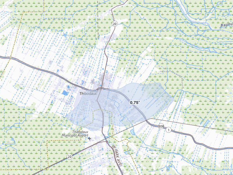 NEXRAD radar-signature map of the hail over Thibodaux, LA