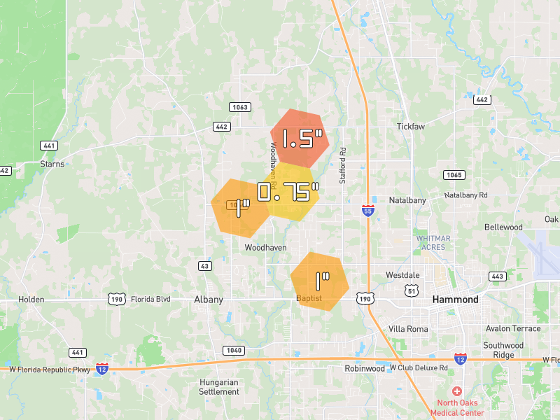 Hail map of Tickfaw, LA on Jun 2, 2026, hail up to 1.5"