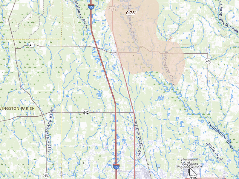 Radar-estimated hail-size map of the storm over Tickfaw, LA on Jul 5, 2026