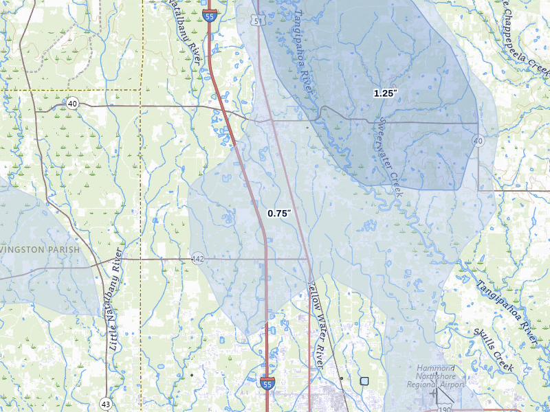 NEXRAD radar-signature map of the hail storm over Tickfaw, LA on Jul 5, 2026