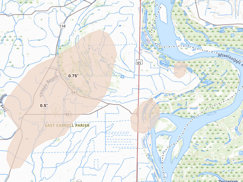 Radar-estimated hail-size map of the storm over Transylvania, LA on Mar 7, 2026