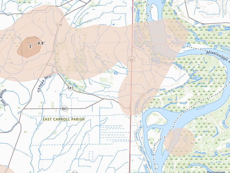 Radar-estimated hail-size map of the storm over Transylvania, LA on May 22, 2026