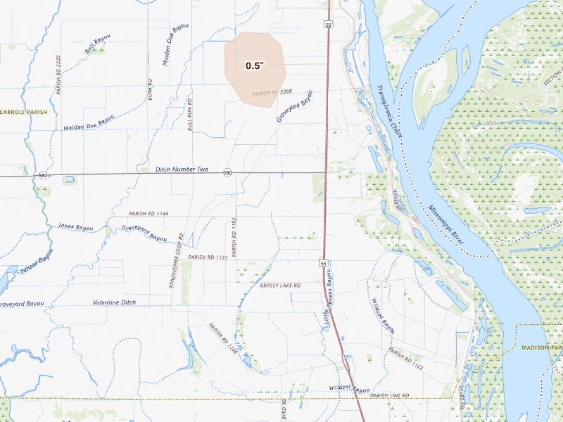 Radar-estimated hail-size map of the storm over Transylvania, LA