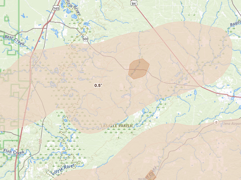 Radar-estimated hail-size map of the storm over Trout, LA on Mar 15, 2026