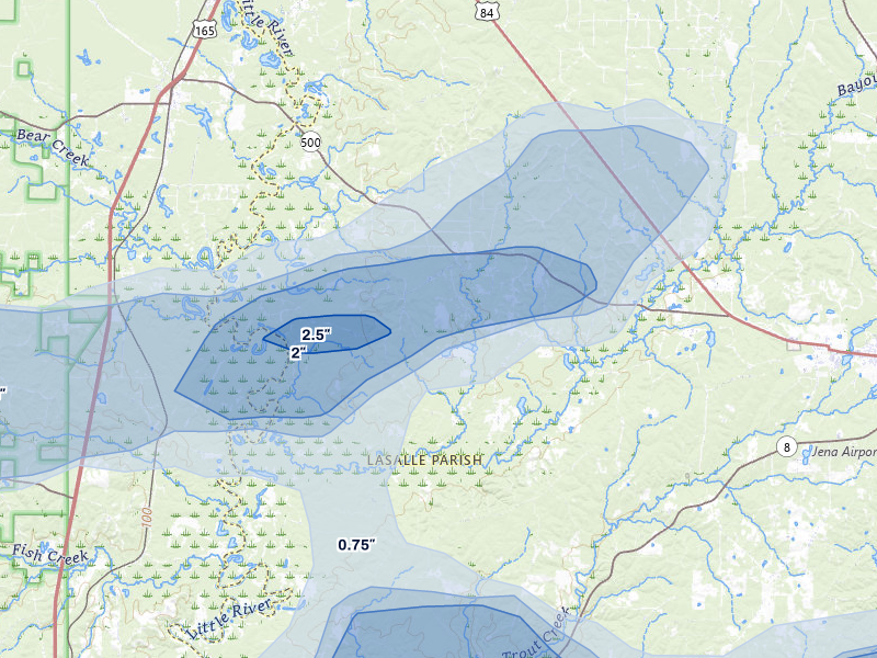 NEXRAD radar-signature map of the hail over Trout, LA