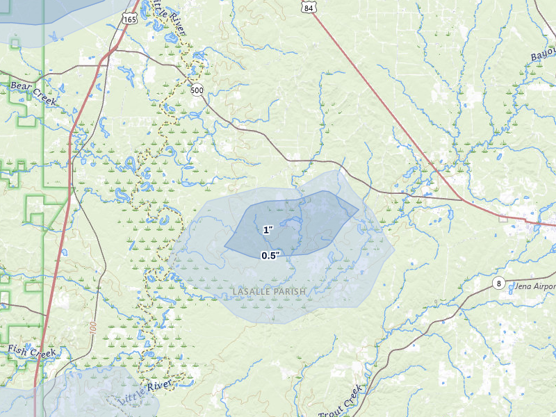 NEXRAD radar-signature map of the hail over Trout, LA