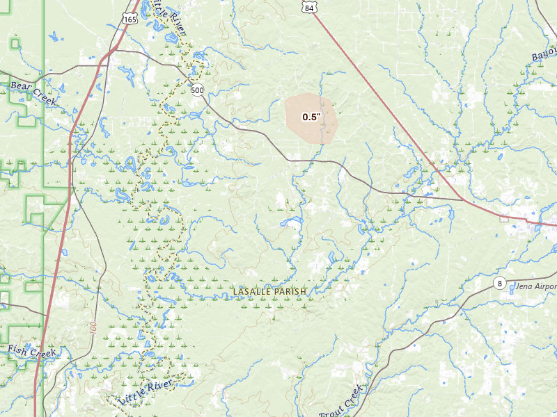 Radar-estimated hail-size map of the storm over Trout, LA on Jul 1, 2026