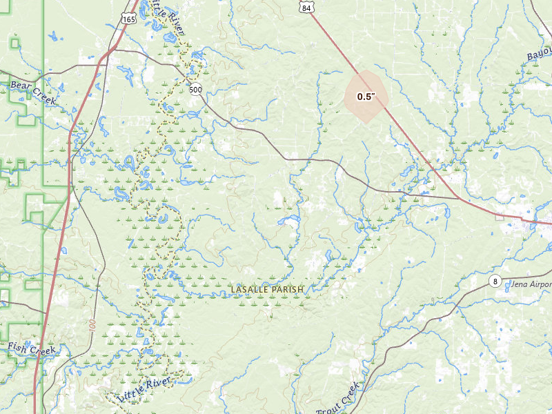 Radar-estimated hail-size map of the storm over Trout, LA on Jul 6, 2026