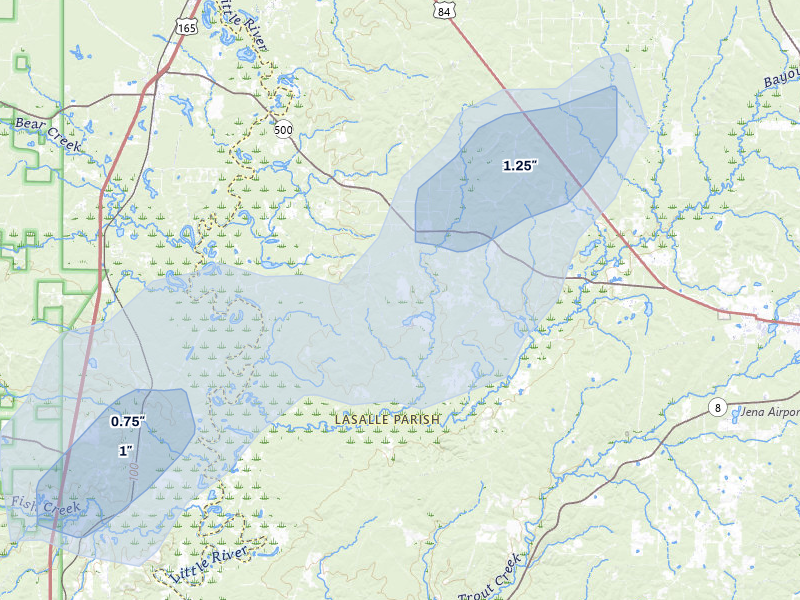 NEXRAD radar-signature map of the hail storm over Trout, LA on Jul 6, 2026