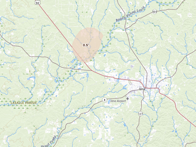 Radar-estimated hail-size map of the storm over Trout, LA on Aug 5, 2026