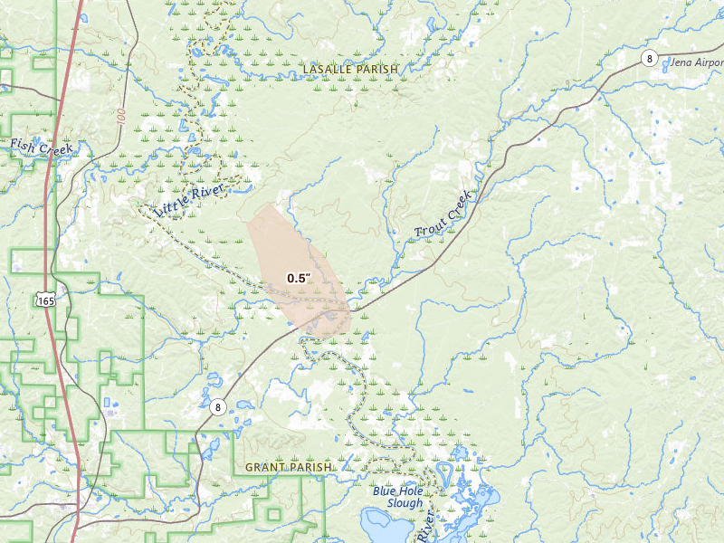 Radar-estimated hail-size map of the storm over Trout, LA on Aug 23, 2026