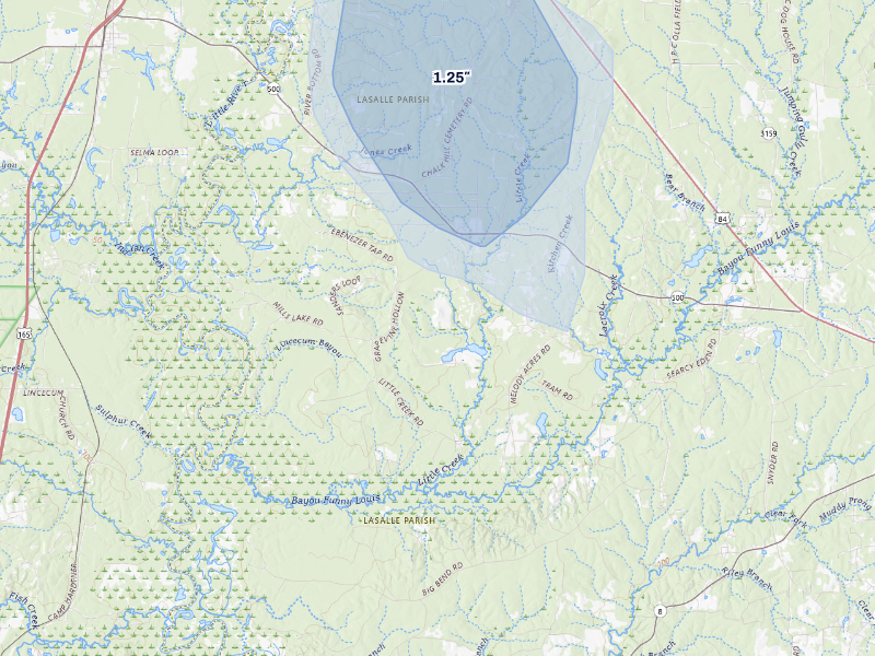 NEXRAD radar-signature map of the hail storm over Trout, LA on Aug 23, 2026