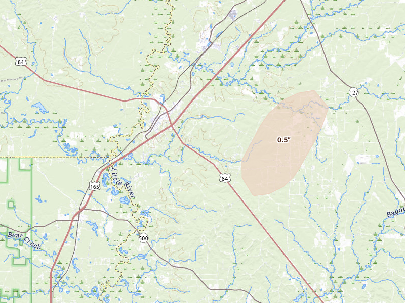 Radar-estimated hail-size map of the storm over Tullos, LA on Mar 7, 2026