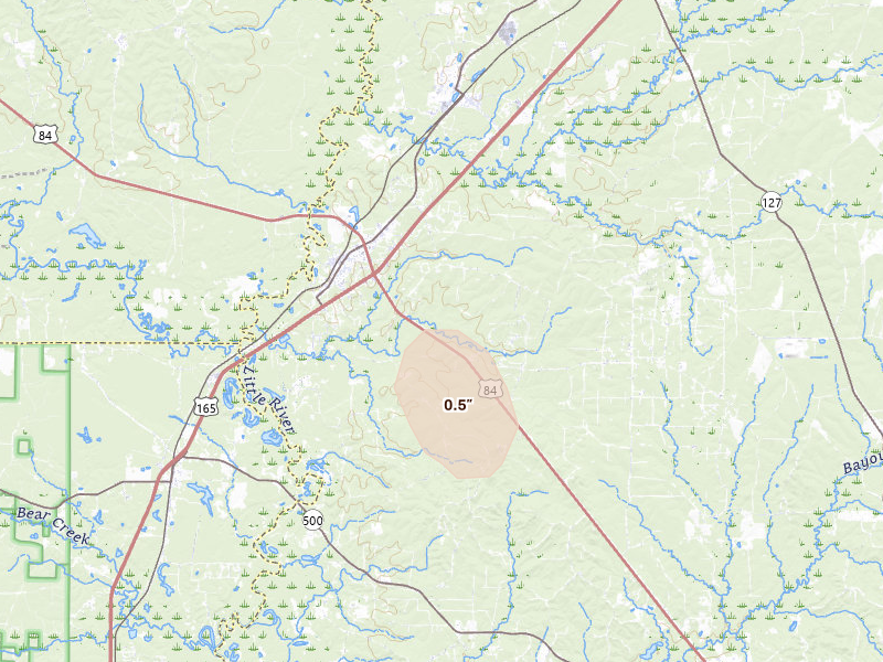 Radar-estimated hail-size map of the storm over Tullos, LA on Aug 21, 2026