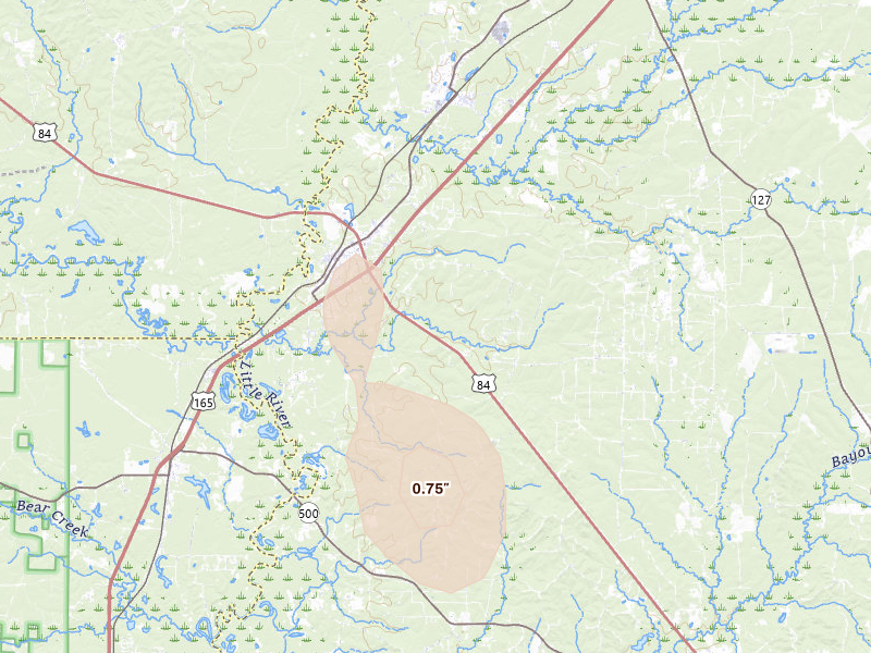 Radar-estimated hail-size map of the storm over Tullos, LA on Aug 23, 2026