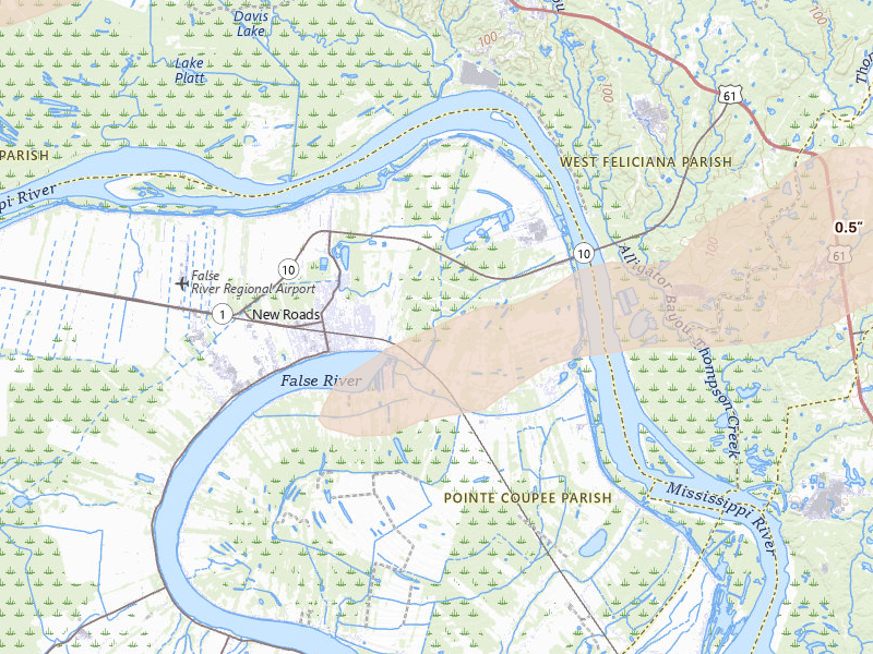 Radar-estimated hail-size map of the storm over Ventress, LA on May 8, 2026
