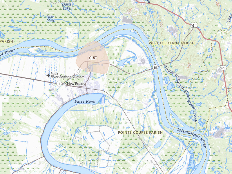 Radar-estimated hail-size map of the storm over Ventress, LA on Jul 21, 2026