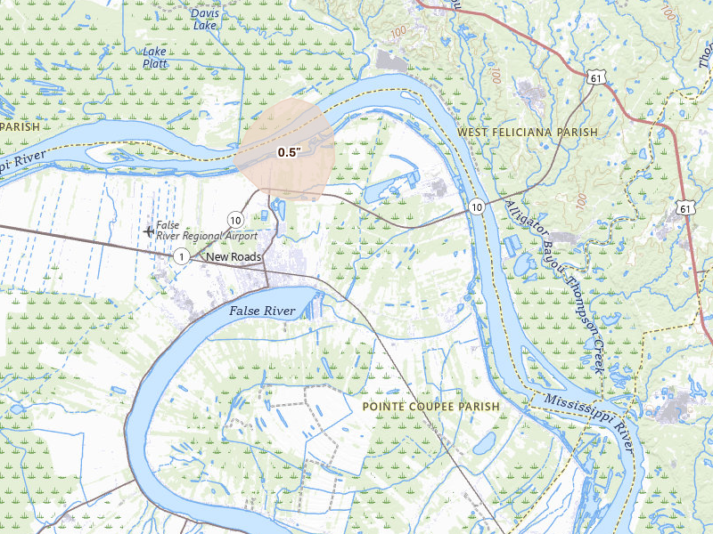 Radar-estimated hail-size map of the storm over Ventress, LA on Aug 8, 2026