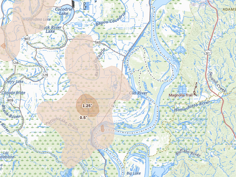 Radar-estimated hail-size map of the storm over Vidalia, LA on Aug 21, 2026