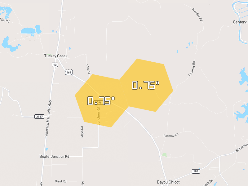 Hail map of Ville Platte, LA on Jun 2, 2026, hail up to 0.75"
