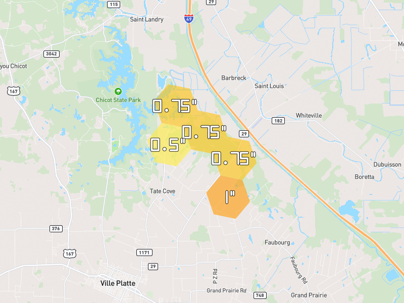 Hail map of Ville Platte, LA on Jul 1, 2026, hail up to 1"