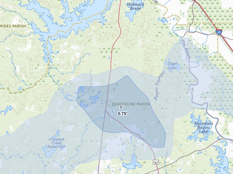 NEXRAD radar-signature map of the hail storm over Ville Platte, LA on Jul 5, 2026