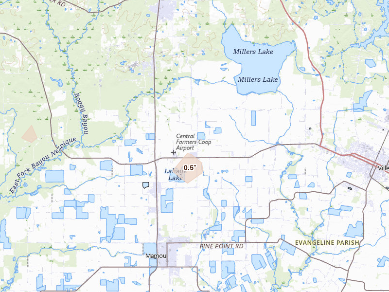 Radar-estimated hail-size map of the storm over Ville Platte, LA on Aug 6, 2026