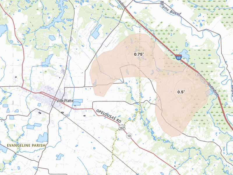 Radar-estimated hail-size map of the storm over Ville Platte, LA on Aug 21, 2026