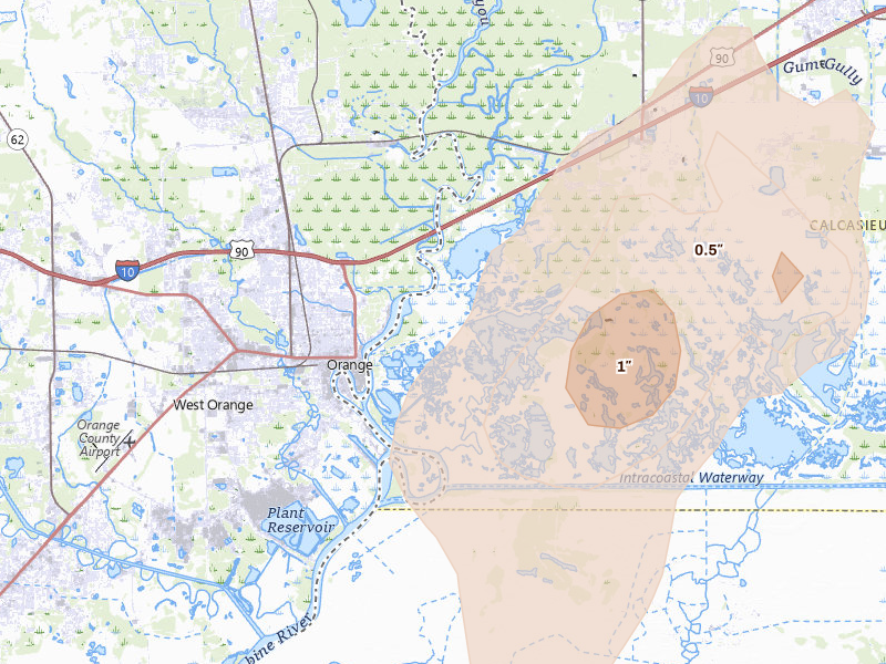 Radar-estimated hail-size map of the storm over Vinton, LA on Jul 22, 2026