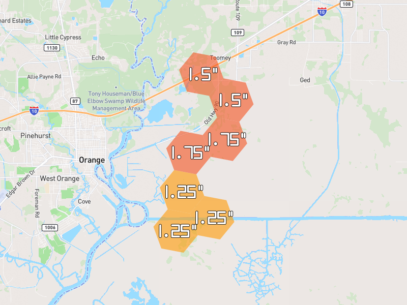 Hail map of Vinton, LA on Jul 22, 2026, hail up to 1.75"