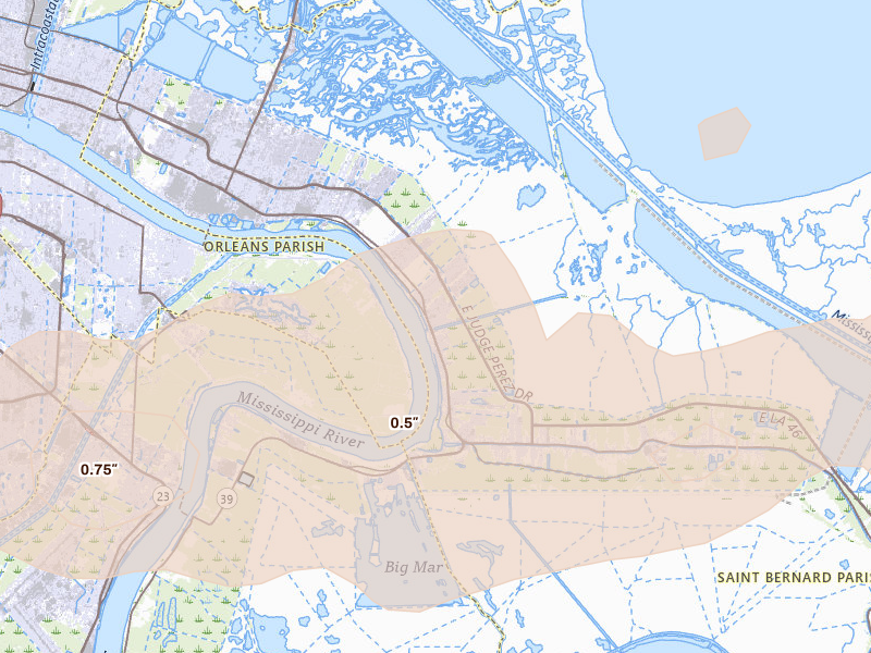 Radar-estimated hail-size map of the storm over Violet, LA on Mar 15, 2026