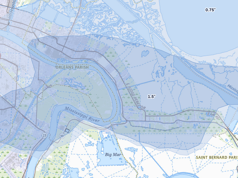 NEXRAD radar-signature map of the hail over Violet, LA