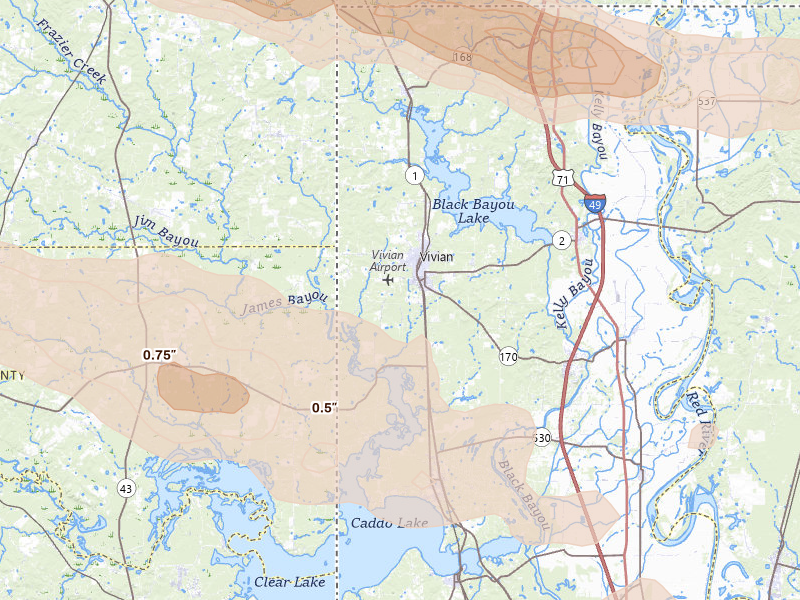 Radar-estimated hail-size map of the storm over Vivian, LA on Apr 29, 2026