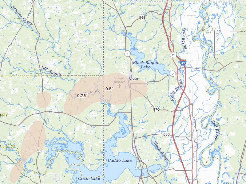 Radar-estimated hail-size map of the storm over Vivian, LA on Jun 2, 2026