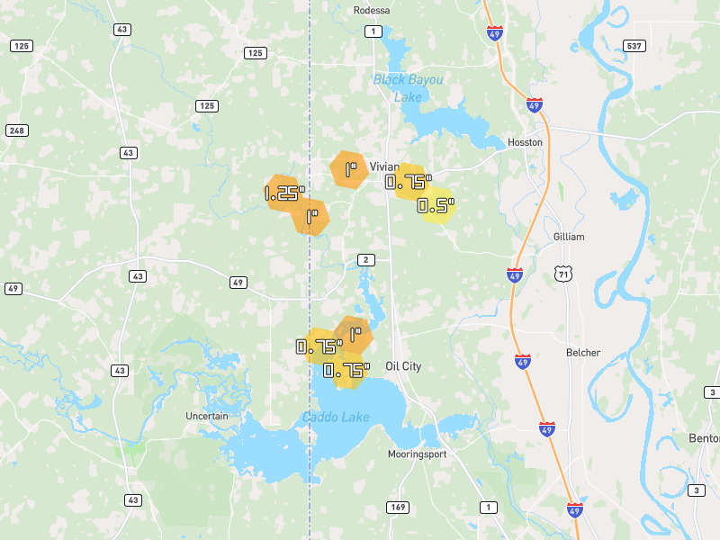 Hail map of Vivian, LA on Jun 2, 2026, hail up to 1.25"