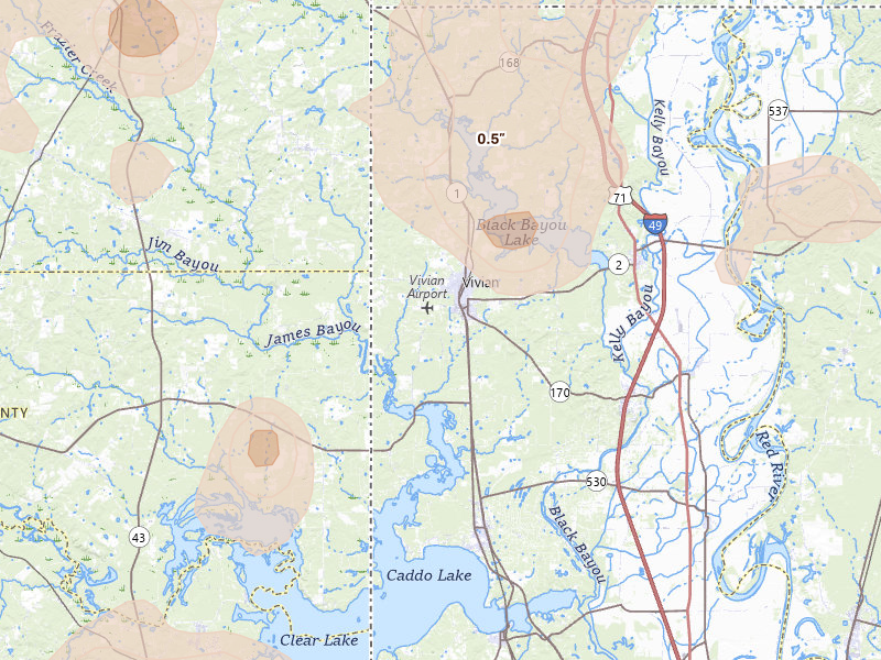 Radar-estimated hail-size map of the storm over Vivian, LA on Jul 6, 2026
