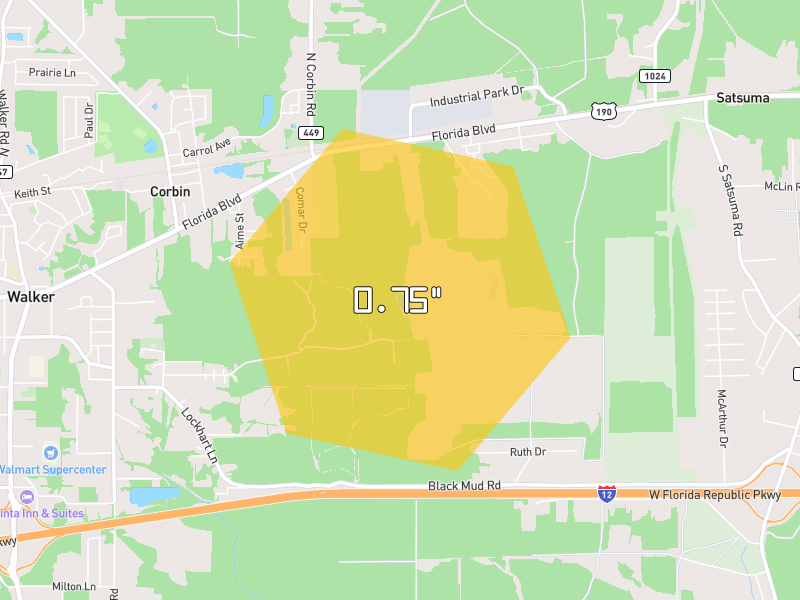 Hail map of Walker, LA on Jul 1, 2026, hail up to 0.75"