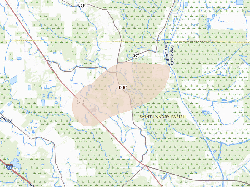 Radar-estimated hail-size map of the storm over Washington, LA on Jun 17, 2026