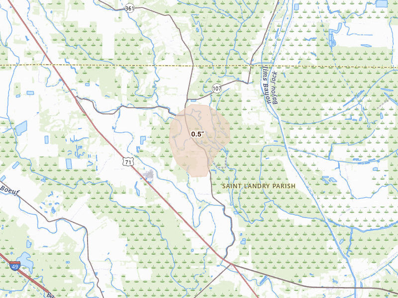 Radar-estimated hail-size map of the storm over Washington, LA on Jul 5, 2026