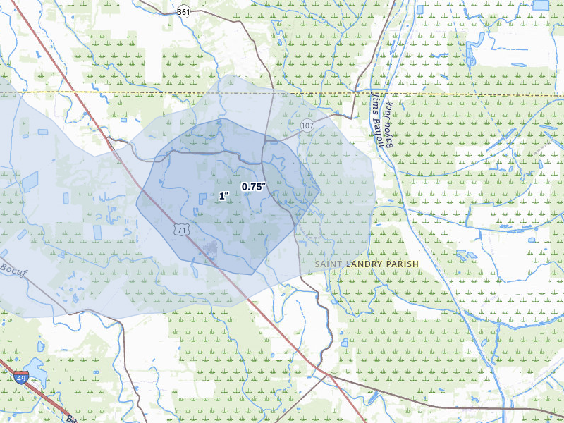 NEXRAD radar-signature map of the hail storm over Washington, LA on Jul 5, 2026