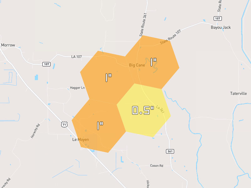 Hail map of Washington, LA on Jul 5, 2026, hail up to 1"